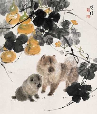 方楚雄 葫芦双犬 镜心
